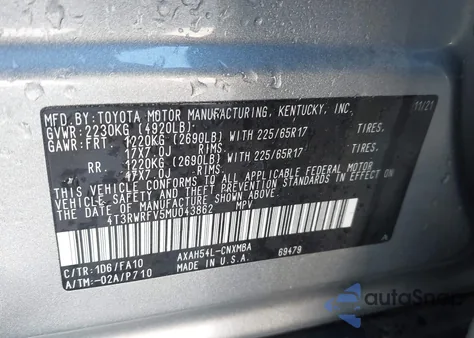 2021 Toyota Rav4 Hybrid Xle из США, поврежденный, VIN 4T3RWRFV5MU043862